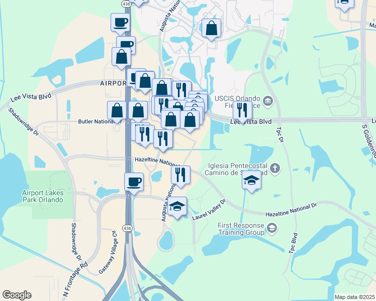 map of restaurants, bars, coffee shops, grocery stores, and more near 5901 Hazeltine National Drive in Orlando