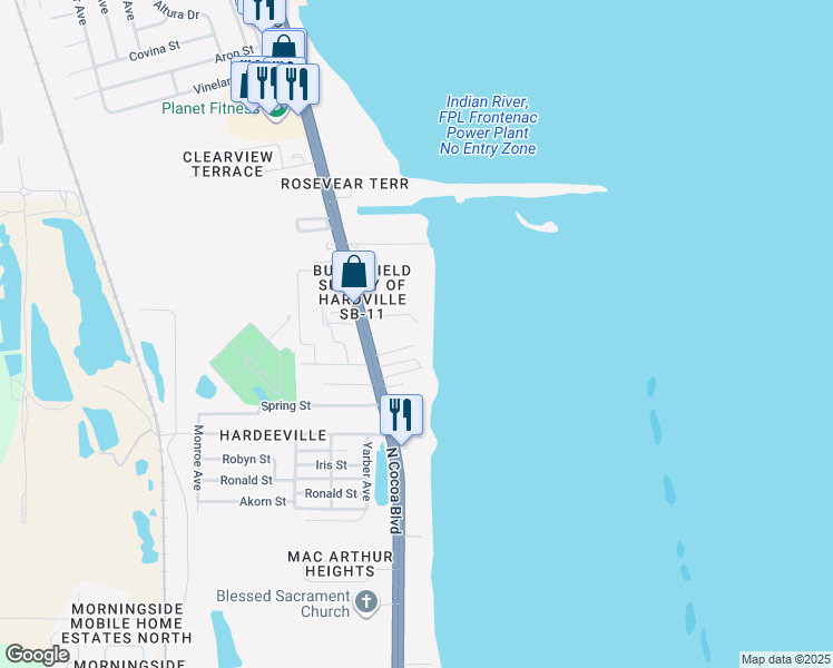 map of restaurants, bars, coffee shops, grocery stores, and more near 100 Canebreakers Drive in Cocoa