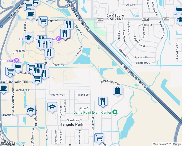 map of restaurants, bars, coffee shops, grocery stores, and more near 7312 Kingspointe Parkway in Orlando