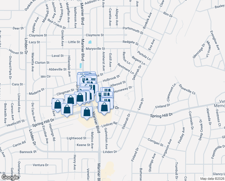map of restaurants, bars, coffee shops, grocery stores, and more near 11192 Allwood Street in Spring Hill