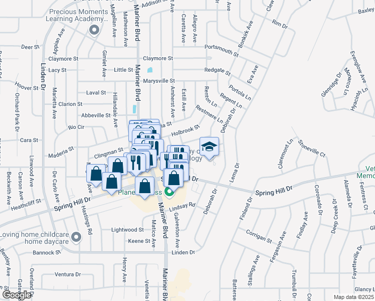 map of restaurants, bars, coffee shops, grocery stores, and more near 11192 Allwood Street in Spring Hill