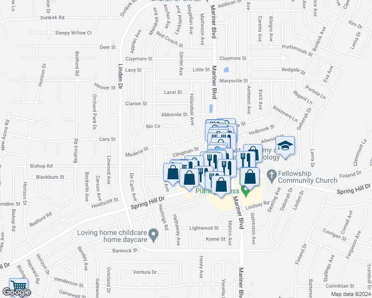 map of restaurants, bars, coffee shops, grocery stores, and more near 10483 Clingman Street in Spring Hill