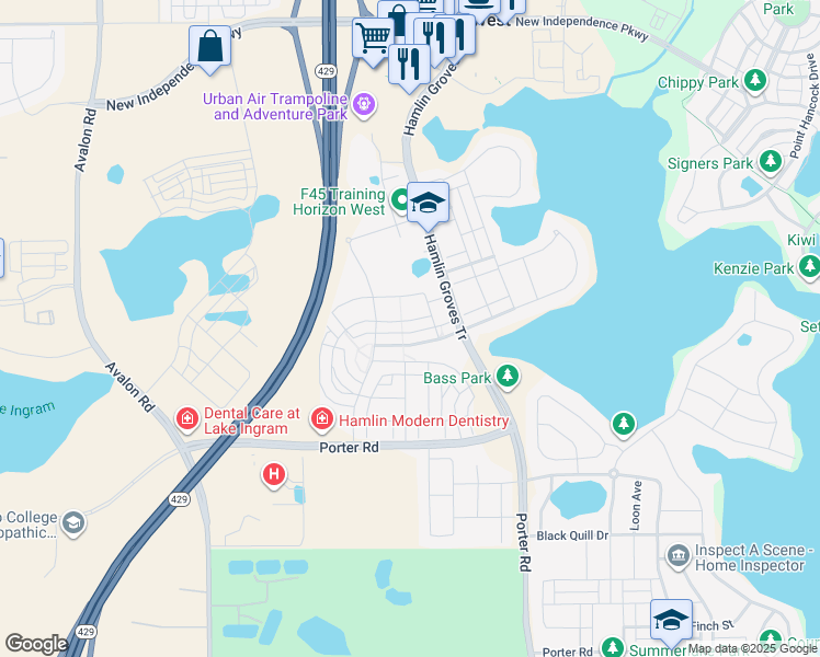 map of restaurants, bars, coffee shops, grocery stores, and more near 15236 Honeybell Drive in Winter Garden