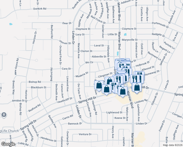 map of restaurants, bars, coffee shops, grocery stores, and more near 2148 Anchor Avenue in Spring Hill
