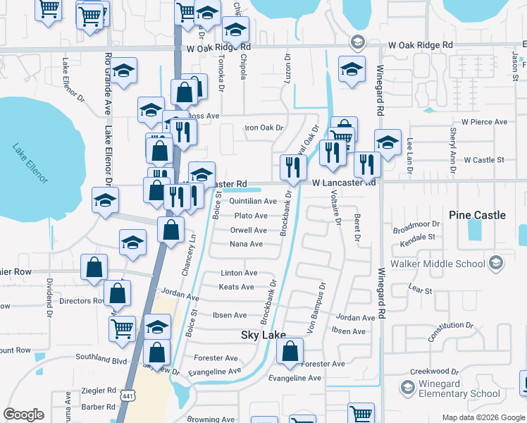 map of restaurants, bars, coffee shops, grocery stores, and more near 1001 Plato Avenue in Orlando
