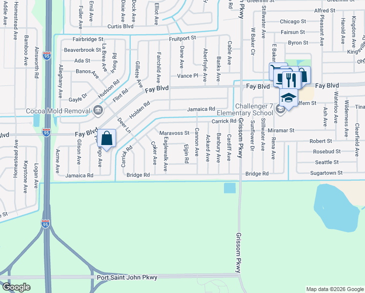 map of restaurants, bars, coffee shops, grocery stores, and more near 6050 Elgin Road in Cocoa