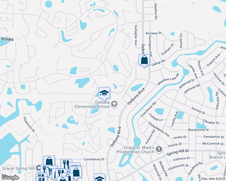 map of restaurants, bars, coffee shops, grocery stores, and more near 2111 Terrace View Lane in Spring Hill