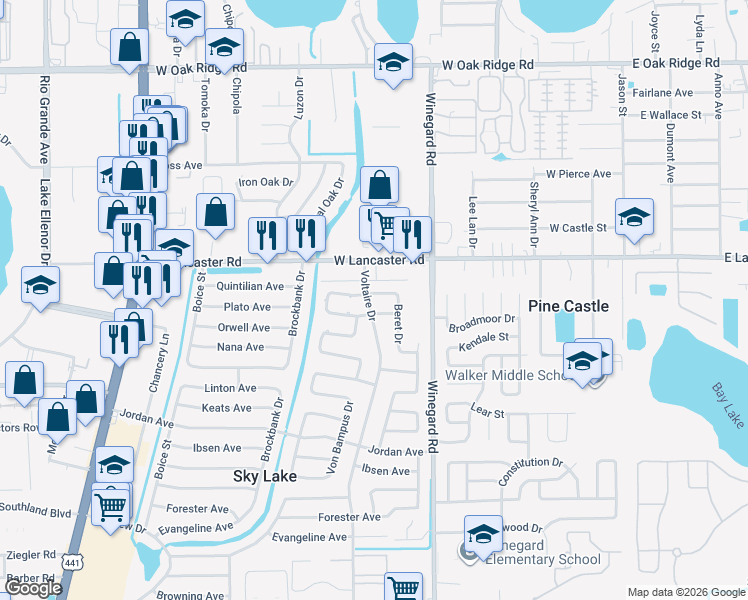 map of restaurants, bars, coffee shops, grocery stores, and more near 6335 Voltaire Drive in Orlando
