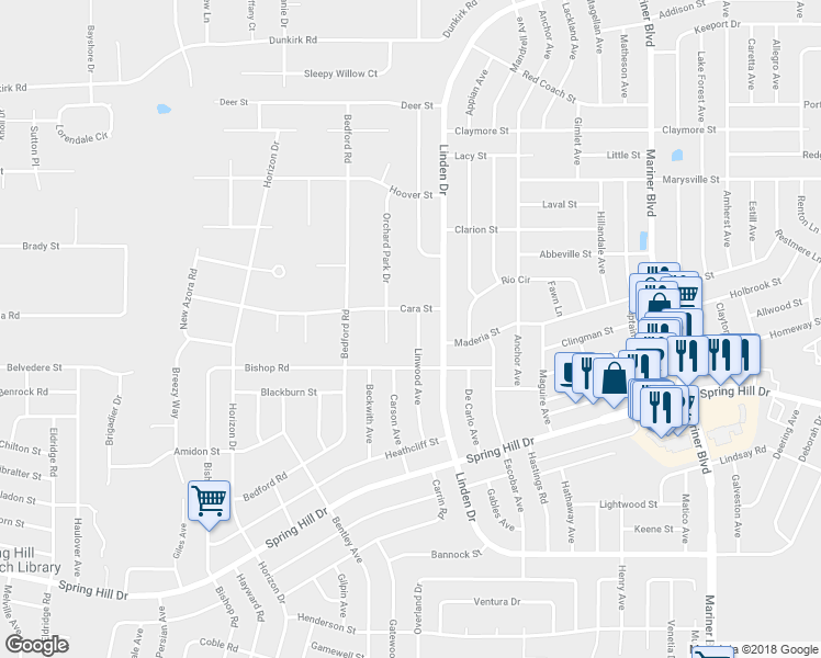 map of restaurants, bars, coffee shops, grocery stores, and more near 2145 Linwood Avenue in Spring Hill