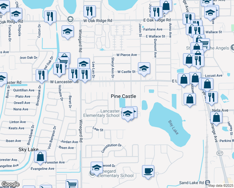 map of restaurants, bars, coffee shops, grocery stores, and more near 6505 Sheryl Ann Drive in Orlando