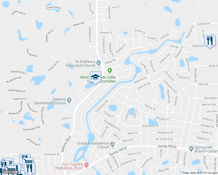 map of restaurants, bars, coffee shops, grocery stores, and more near 2214 Meadow Lark Road in Spring Hill