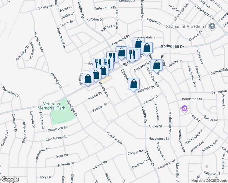 map of restaurants, bars, coffee shops, grocery stores, and more near 13044 Barrow Street in Spring Hill