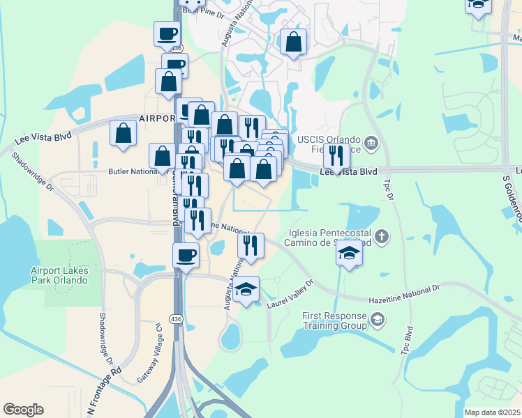 map of restaurants, bars, coffee shops, grocery stores, and more near 5901 Hazeltine National Drive in Orlando