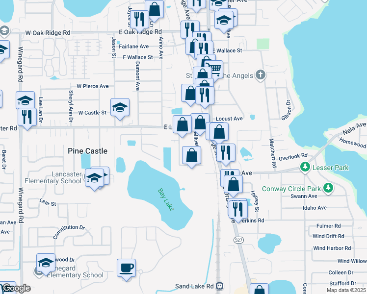 map of restaurants, bars, coffee shops, grocery stores, and more near 6421 Pinecastle Boulevard in Orlando