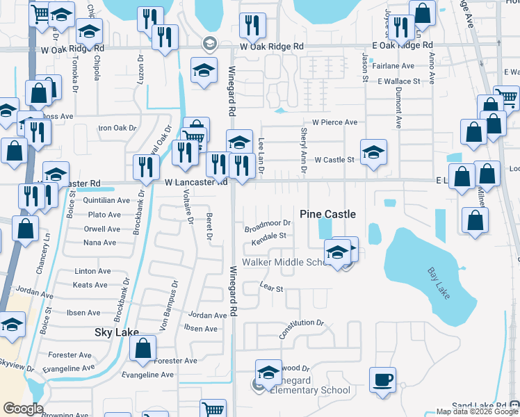 map of restaurants, bars, coffee shops, grocery stores, and more near 6649 Brickell Court in Orlando