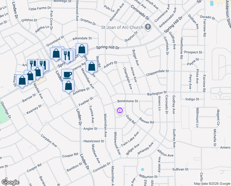 map of restaurants, bars, coffee shops, grocery stores, and more near 13311 Barlington Street in Spring Hill