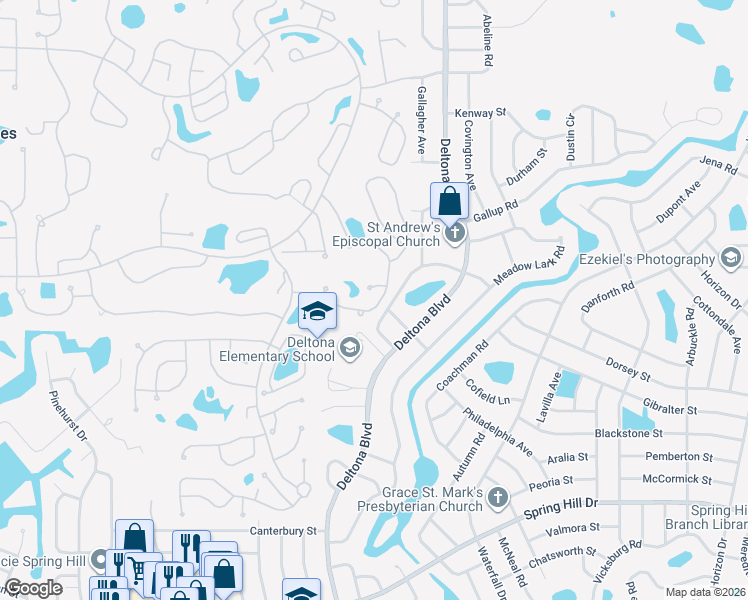map of restaurants, bars, coffee shops, grocery stores, and more near 2171 Terrace View Lane in Spring Hill
