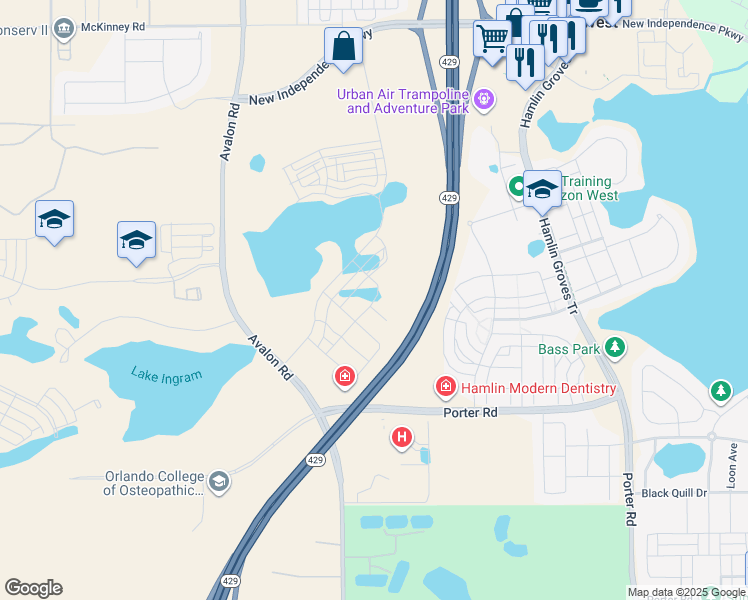 map of restaurants, bars, coffee shops, grocery stores, and more near 7075 Avalon Road in Winter Garden
