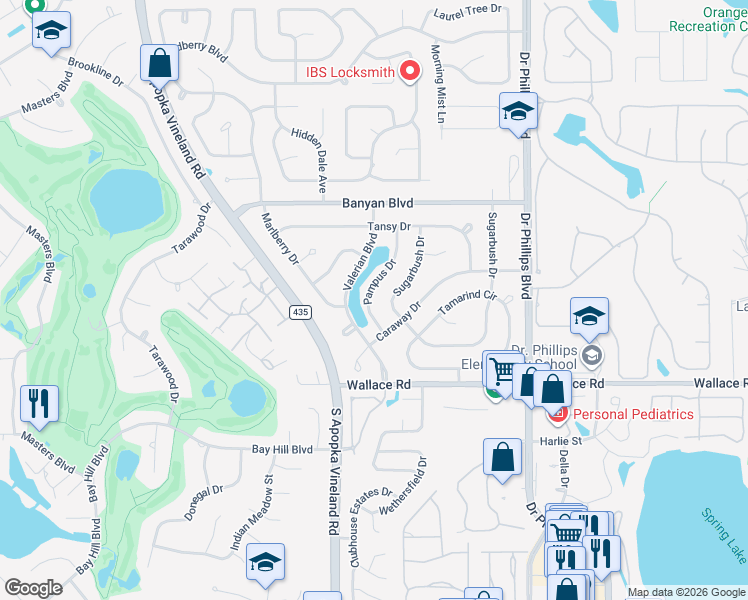 map of restaurants, bars, coffee shops, grocery stores, and more near 6735 Pampus Drive in Orlando