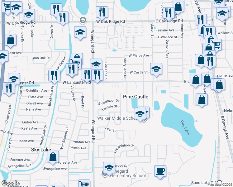map of restaurants, bars, coffee shops, grocery stores, and more near 6649 Gunnell Court in Orlando