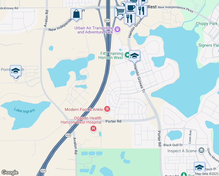 map of restaurants, bars, coffee shops, grocery stores, and more near 15461 Sugar Citrus Drive in Winter Garden