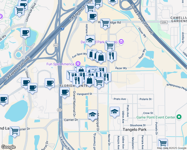 map of restaurants, bars, coffee shops, grocery stores, and more near 5473 Del Verde Way in Orlando