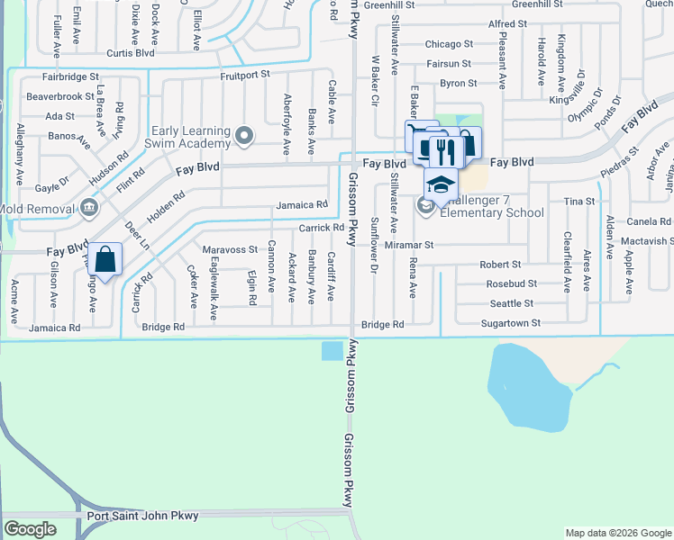 map of restaurants, bars, coffee shops, grocery stores, and more near 6007 Cardiff Avenue in Cocoa