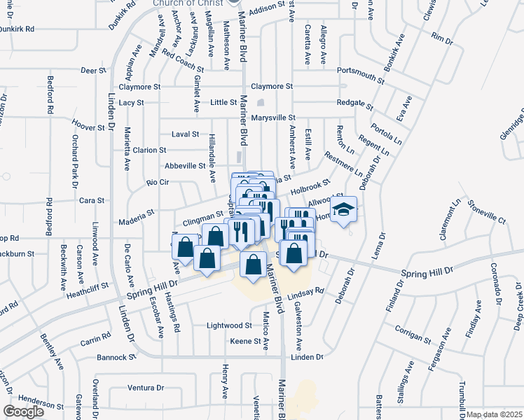 map of restaurants, bars, coffee shops, grocery stores, and more near 2154 Mariner Boulevard in Spring Hill