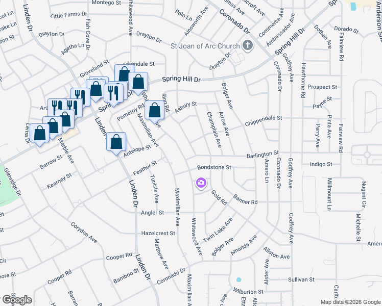 map of restaurants, bars, coffee shops, grocery stores, and more near 13311 Barlington Street in Spring Hill
