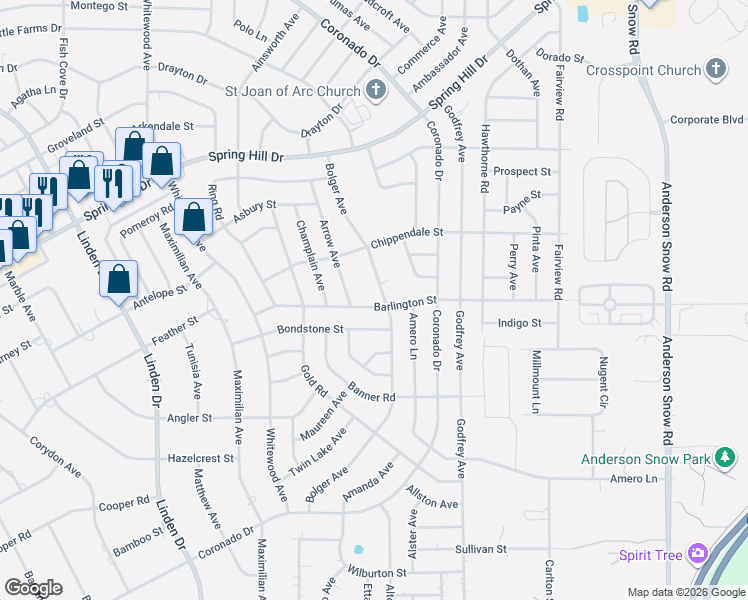 map of restaurants, bars, coffee shops, grocery stores, and more near 13457 Barlington Street in Spring Hill