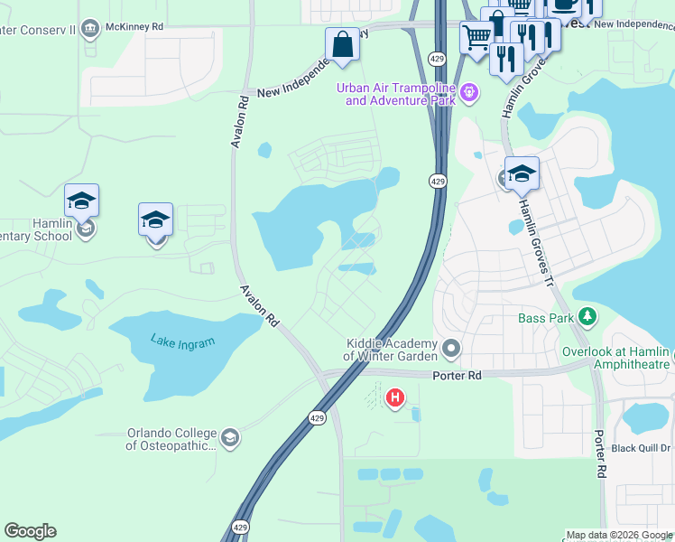 map of restaurants, bars, coffee shops, grocery stores, and more near 6953 Avalon Road in Winter Garden