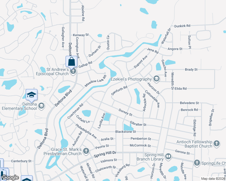 map of restaurants, bars, coffee shops, grocery stores, and more near 2247 Danforth Road in Spring Hill