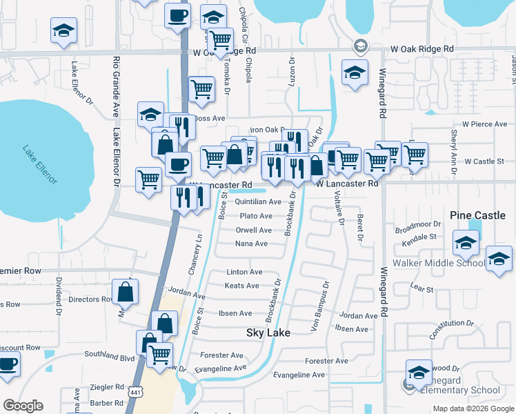 map of restaurants, bars, coffee shops, grocery stores, and more near 1001 Plato Avenue in Orlando