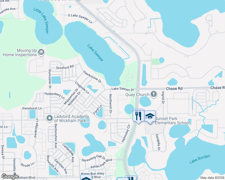 map of restaurants, bars, coffee shops, grocery stores, and more near 6843 Northwich Drive in Windermere