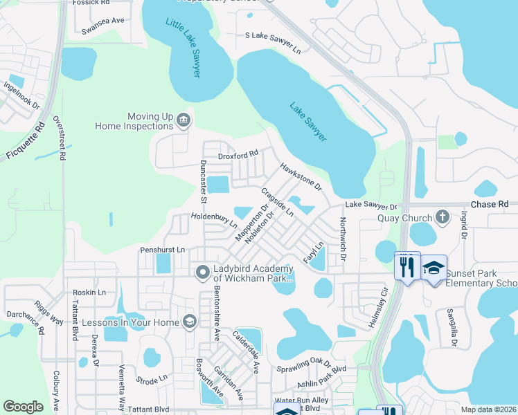 map of restaurants, bars, coffee shops, grocery stores, and more near 6928 Mapperton Drive in Windermere