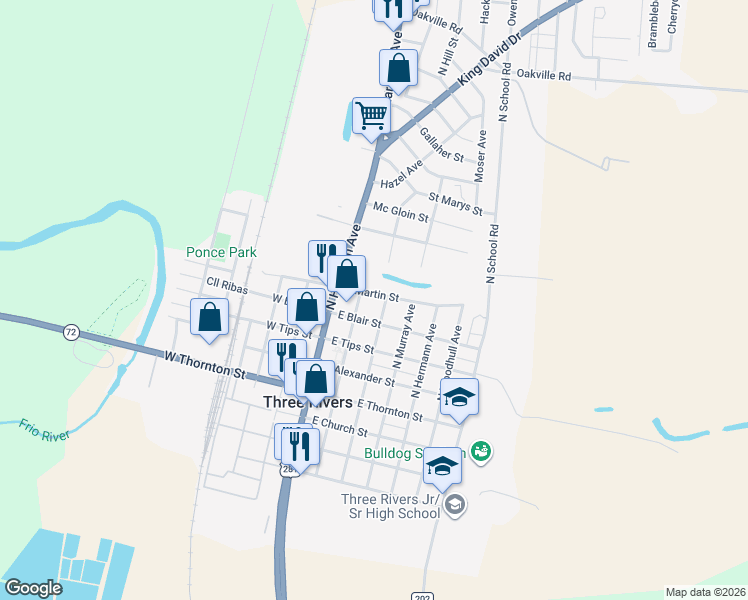 map of restaurants, bars, coffee shops, grocery stores, and more near 206 East Martin Street in Three Rivers