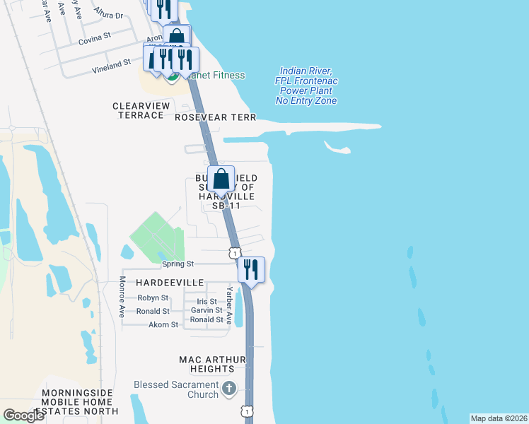 map of restaurants, bars, coffee shops, grocery stores, and more near 207 Canebreakers Drive in Cocoa