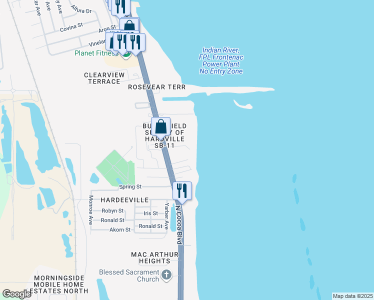 map of restaurants, bars, coffee shops, grocery stores, and more near 100 Canebreakers Drive in Cocoa