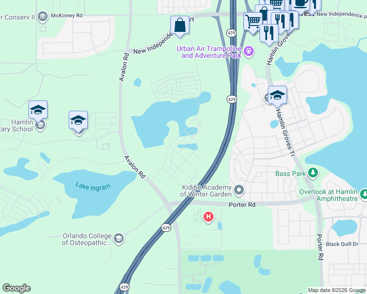 map of restaurants, bars, coffee shops, grocery stores, and more near 6953 Avalon Road in Winter Garden