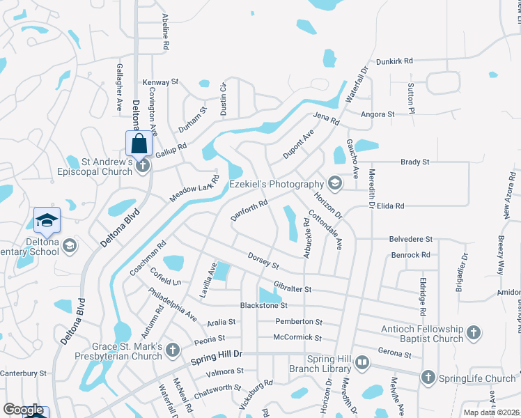 map of restaurants, bars, coffee shops, grocery stores, and more near 2280 Danforth Road in Spring Hill