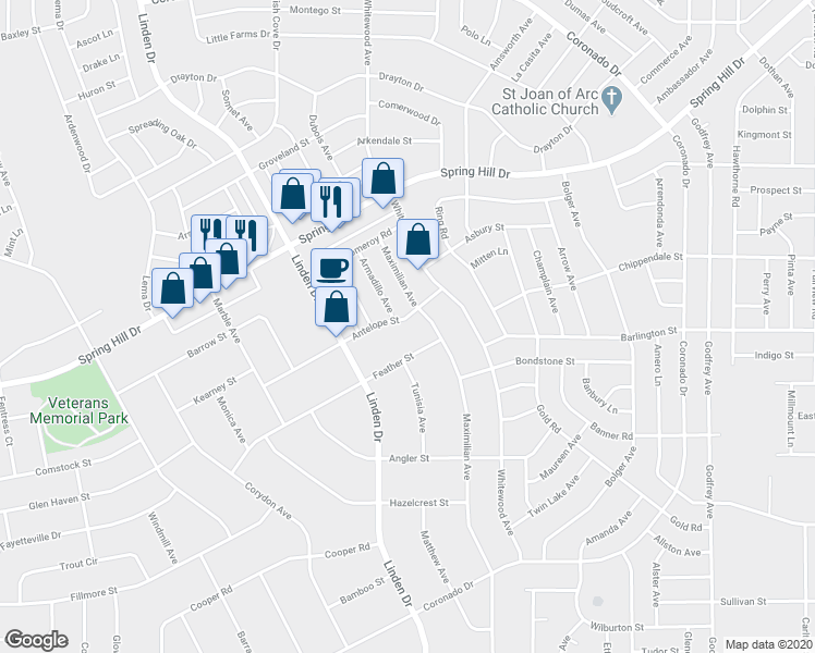 map of restaurants, bars, coffee shops, grocery stores, and more near 13208 Antelope Street in Spring Hill