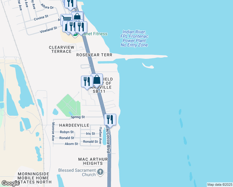 map of restaurants, bars, coffee shops, grocery stores, and more near 100 Canebreakers Drive in Cocoa