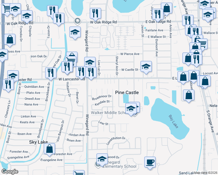 map of restaurants, bars, coffee shops, grocery stores, and more near 6649 Gunnell Court in Orlando