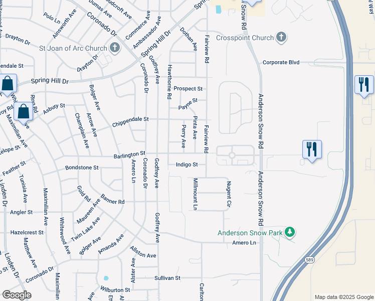 map of restaurants, bars, coffee shops, grocery stores, and more near 2155 Perry Avenue in Spring Hill