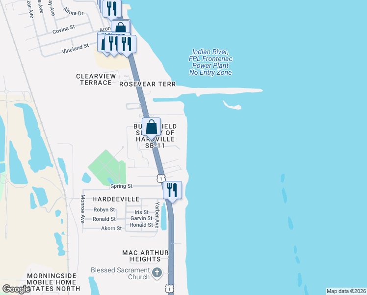 map of restaurants, bars, coffee shops, grocery stores, and more near 207 Canebreakers Drive in Cocoa