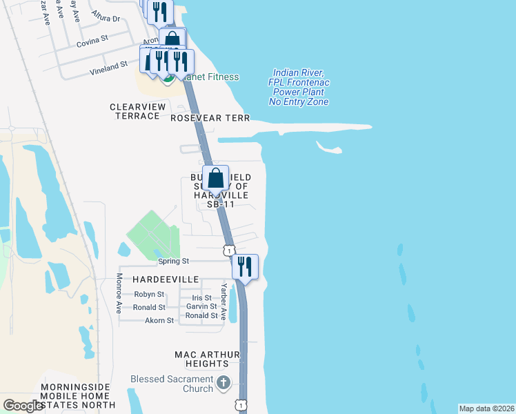 map of restaurants, bars, coffee shops, grocery stores, and more near 207 Canebreakers Drive in Cocoa