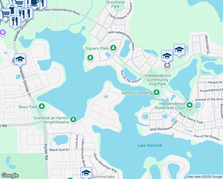 map of restaurants, bars, coffee shops, grocery stores, and more near 7496 John Hancock Drive in Winter Garden