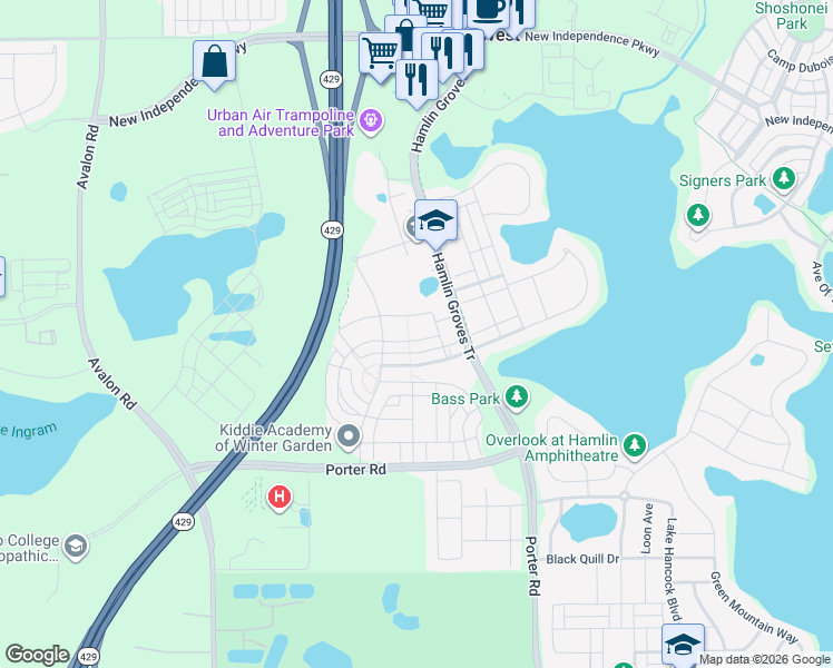 map of restaurants, bars, coffee shops, grocery stores, and more near 15236 Honeybell Drive in Winter Garden