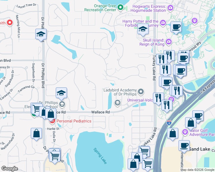map of restaurants, bars, coffee shops, grocery stores, and more near 6709 Spring Rain Drive in Orlando