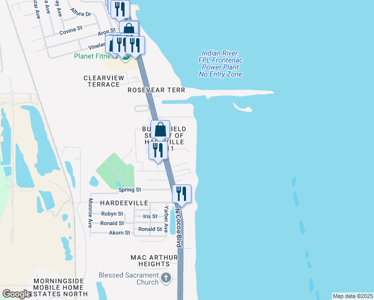 map of restaurants, bars, coffee shops, grocery stores, and more near 100 Canebreakers Drive in Cocoa